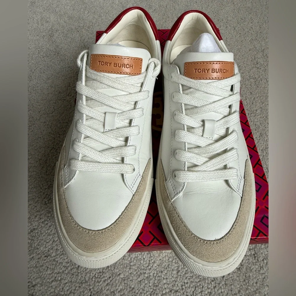 Tory Burch White and Red Logo Sneakers - Picture 2 of 5